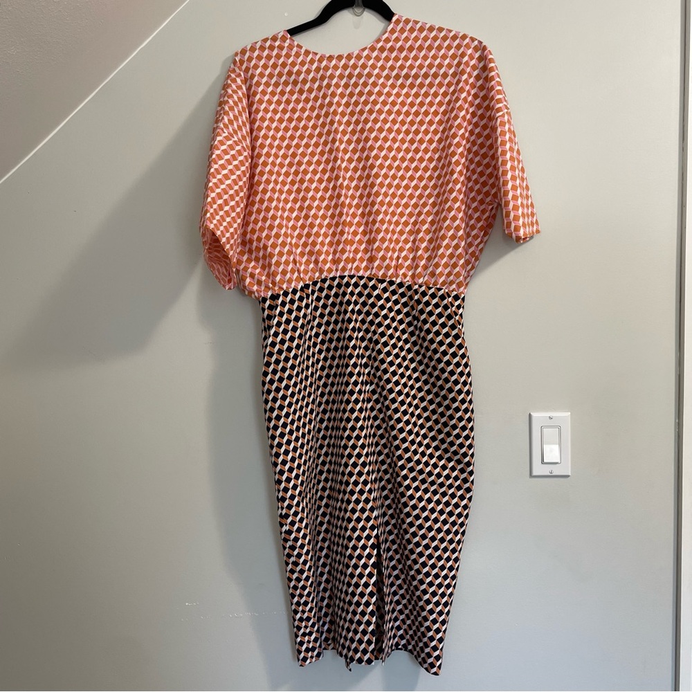 Apiece Apart Coral and Black Geometric Midi Dress